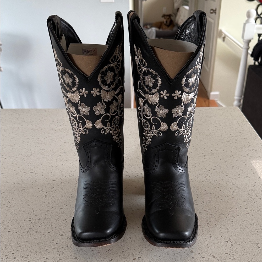 Black and White Floral Heeled Boots